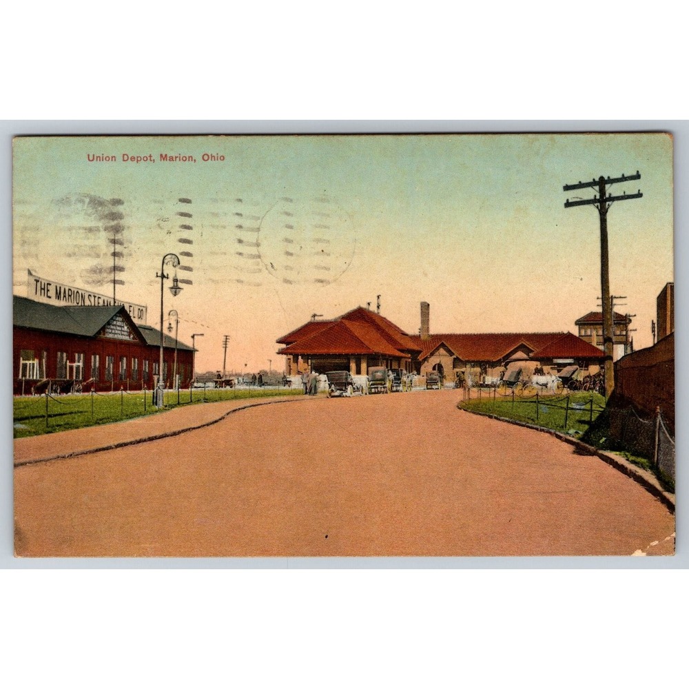 1910 Marion Ohio Union Depot Postcard Marion Steam Shovel Co Building C G Wiant
